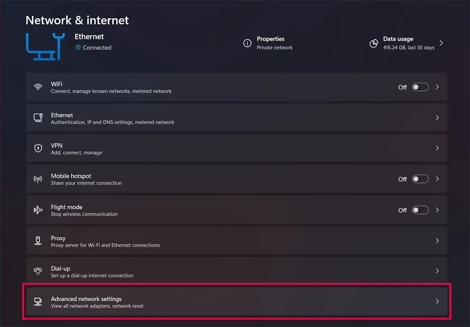 Click on Advanced network settings