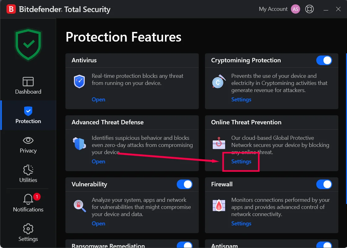 Click on Settings under the Online Threat Prevention