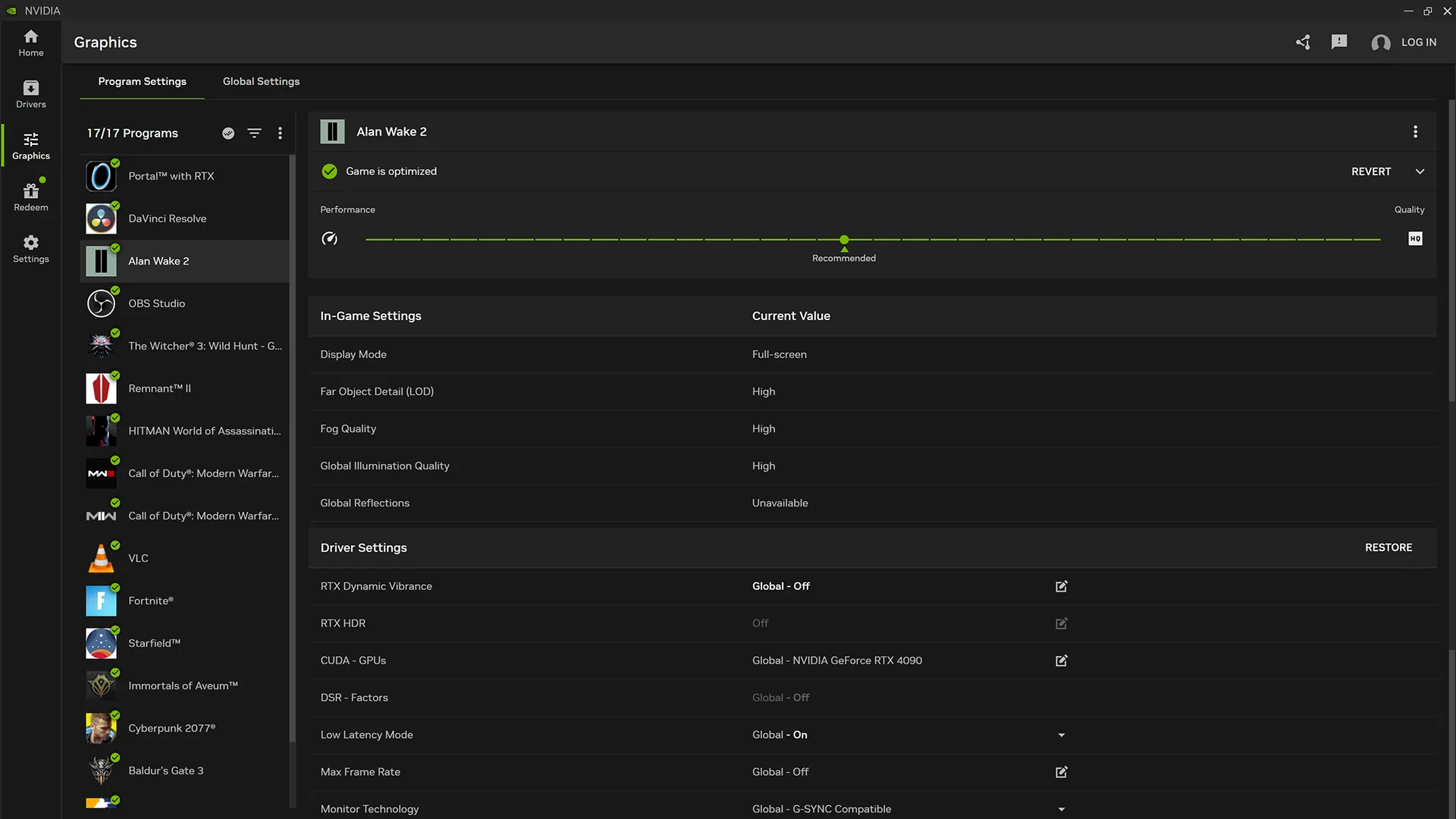 Currently available settings in the new NVIDIA App