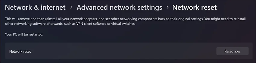 Click on Reset now button