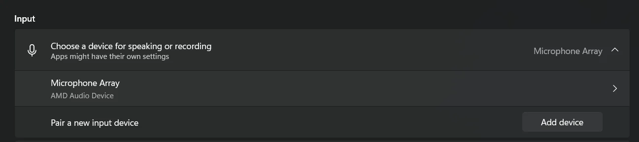 Sound Input Settings in Windows 11